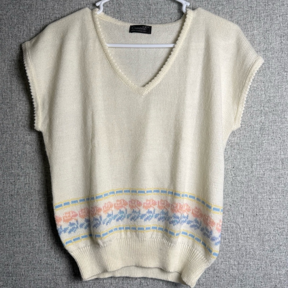 Vintage 80s Wool Blend Short Sleeve‎ Sweater Vest Floral Pink/Blue Cottagecore M
